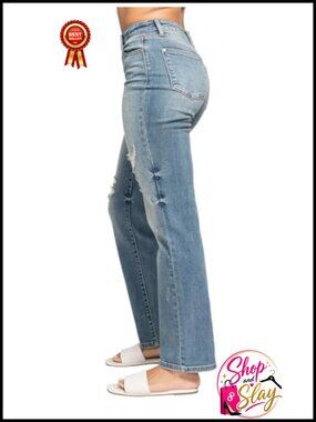 High Waisted Dad Straight Jeans Destroyed Cotton Blend